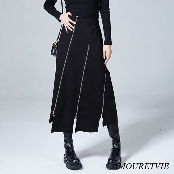 アシンメトリーファスナースタイルロングスカート ブラック 黒 /レディース モレビー|モード系ファッションブランド